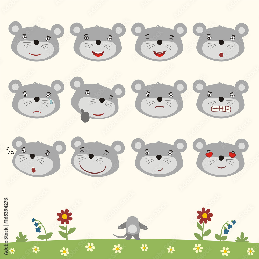 Emoticons set face of mouse in cartoon style. Collection isolated heads of mouse in different emotion and body on meadow with flowers.