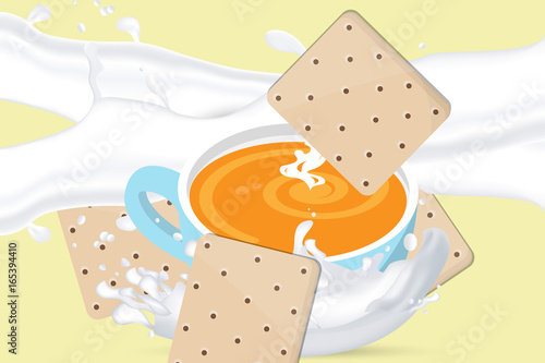 Blue cup of coffee or tea with milk splash and cookies