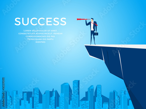 Businessman stand on cliff edge mountain using telescope looking for success, opportunities, future business trends. Vision concept.