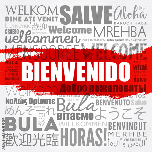 Bienvenido , Welcome in Spanish, word cloud in different languages, conceptual background