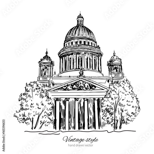 Saint Isaac's Cathedral or Isaakievsky Cathedral of Saint Petersburg landmark, Russia, hand drawn engraving vector illustration isolated on white, vintage style ink sketch building for touristic card