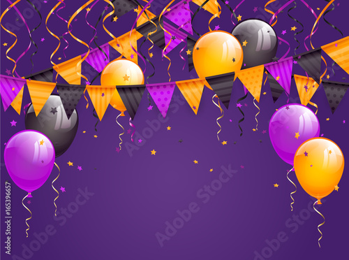 Halloween pennants and balloons on violet background