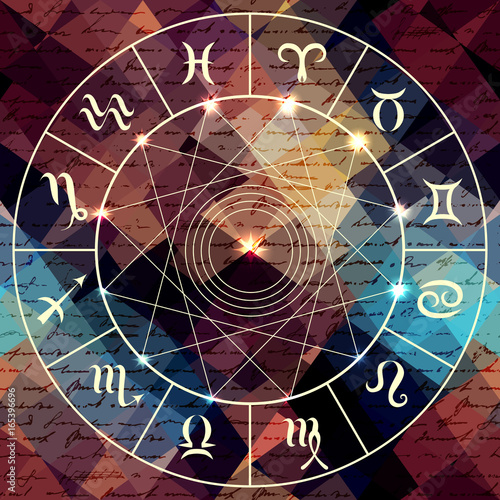 Magic circle with zodiacs sign on abstract grunge background.