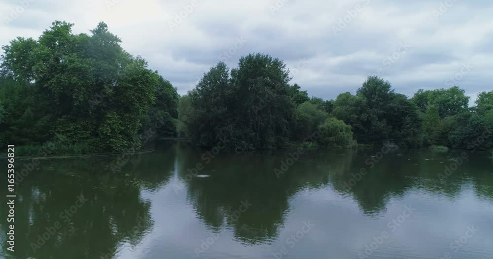 Aerial low fly over a pond in a forest in a summer afternoon Aerial low fly over a pond in a forest in a summer afternoon