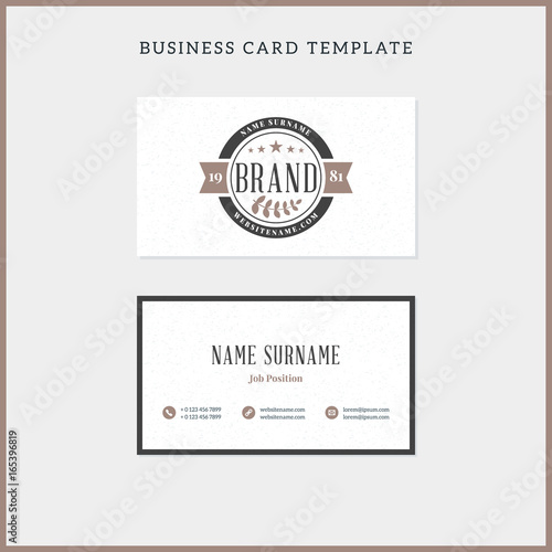 Double-sided vintage business card template with retro typographic logo and textured background. Vector illustration. Stationery design