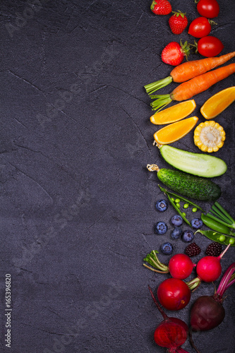 Colorful Vegetables, Fruits and Berries - Healthy Food, Diet, Detox, Clean Eating or Vegetarian Concept. View from above, top studio shot, flat lay with copy space
