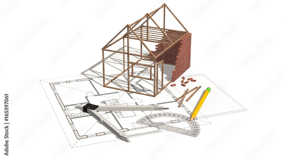 House project - house under construction on blueprint - concept for construction industry House project - house under construction on blueprint - concept for construction industry
