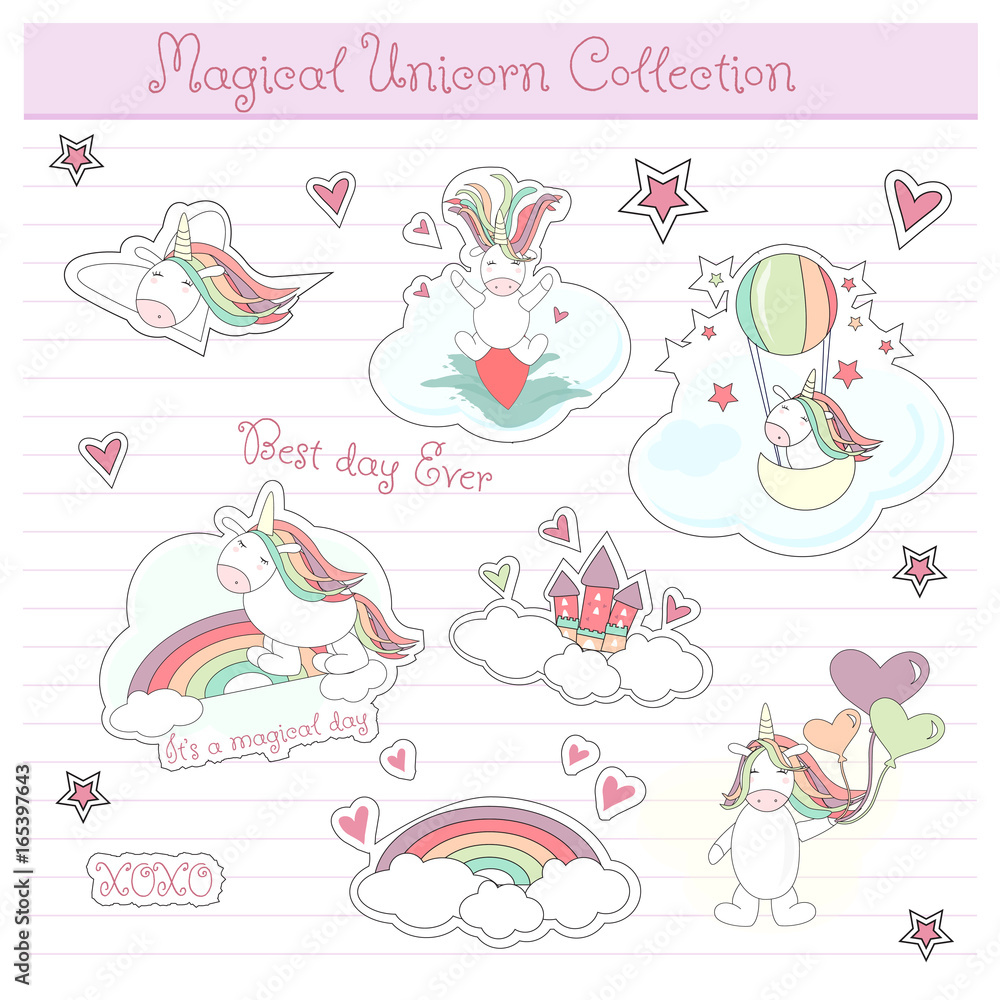 Fototapeta premium Vector unicorn stickers set