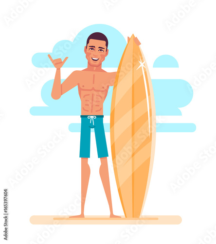 Attractive young surfer is holding surfboard on the beach. Modern character - guy with board for surfing in flat design. Vector illustration.