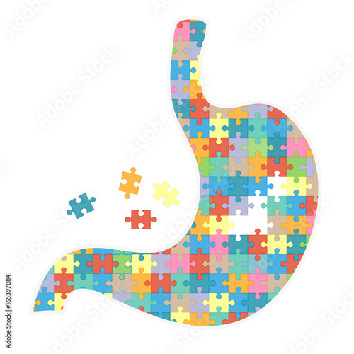 Human Stomach With Colored Puzzles Isolated On A White Background. Vector Illustration.Gastroenterology. Creative Medical Concept