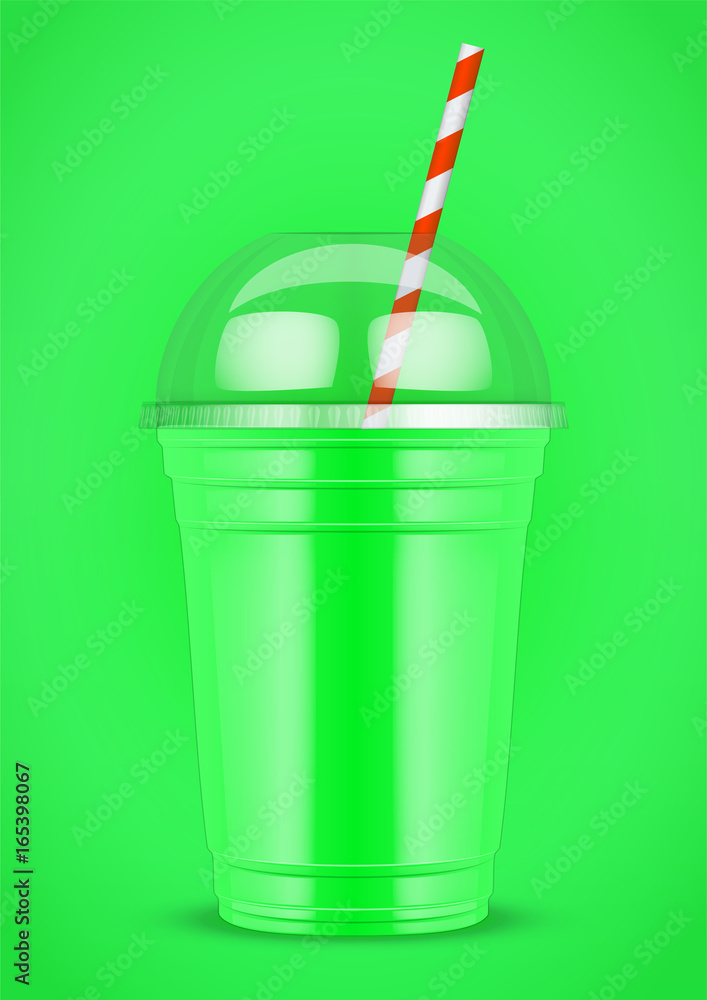 Plastic cup with smoothie and tube on color background. Presentation