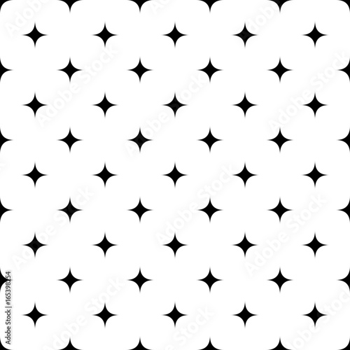 Black and white seamless abstract star pattern - geometrical monochrome vector background from small curved shapes