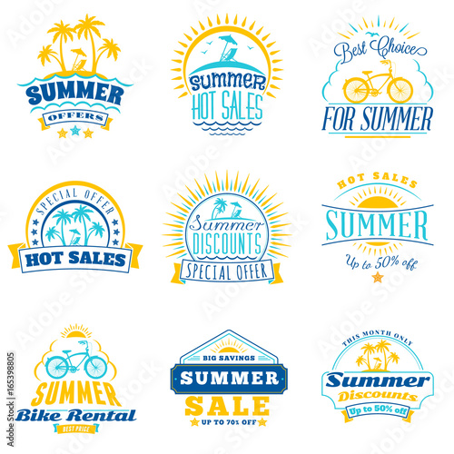 Set of summer sale promotional emblem design. Typographic retro style summer advertising badges for banner or poster. Blue and yellow color theme. Isolated on white. Vector illustration