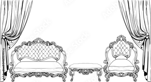 Imperial Baroque furniture set with luxurious ornaments. Vector French Luxury rich intricate structure. Victorian Royal Style decor