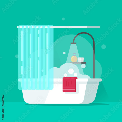 Bathroom vector illustration, flat cartoon bath with water flowing from shower and foam bubbles, bathtub