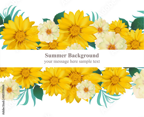 Vector floral Summer card. Hot template design with palm leaves and sunflower...