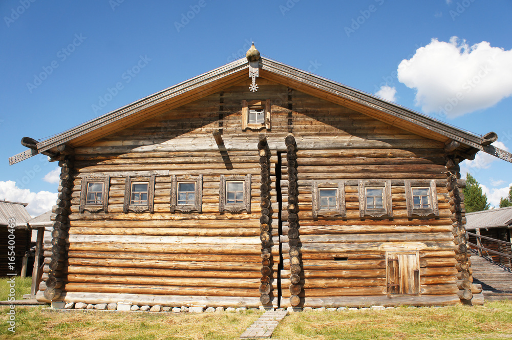 Wooden traditional house in Malye Karely Museum of wooden architecture in Arkhangelsk at the north of Russia