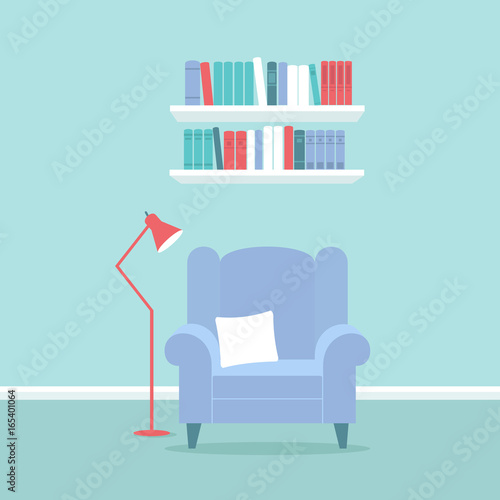 Vector interior of a living room. Armchair, standing lamp and bookshelves