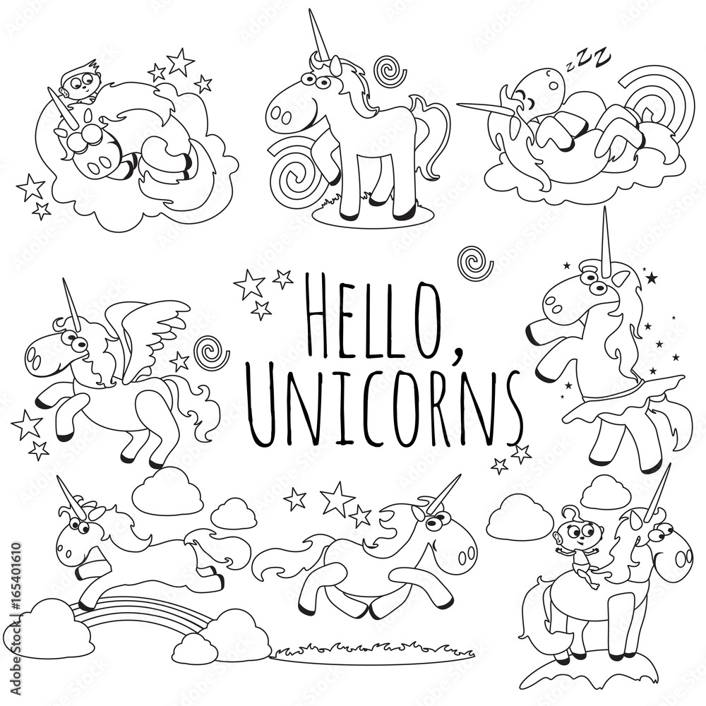 cute unicorn isolated line icon set, magic pegasus flying with wing and horn on rainbow, fantasy horse vector illustration, myth creature dreaming on white background, greeting card template