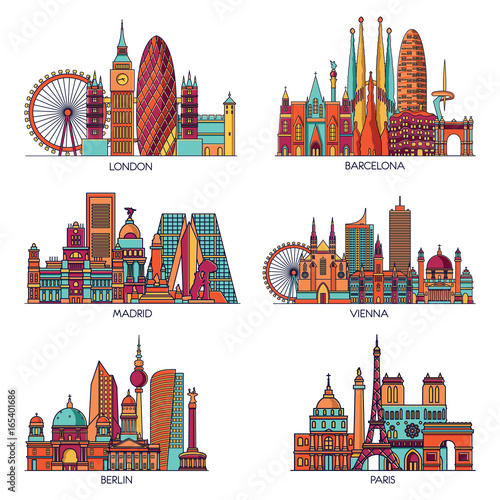 Skyline detailed silhouette set (Paris, London, Barcelona, Madrid, Vienna, Berlin ). Vector illustration