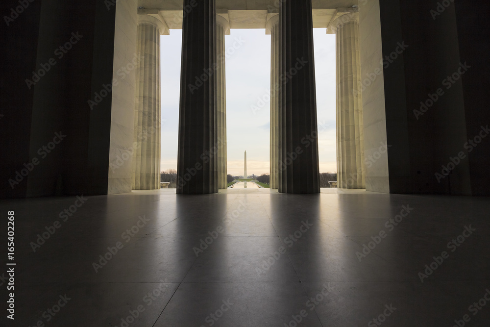 Grand view of the Central Hall of the Lincoln Memorial looking out onto the National Mall in Washington DC