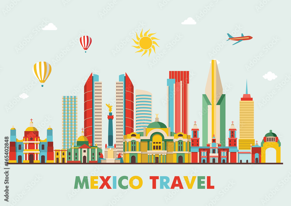 Mexico famous landmarks skyline. Vector illustration