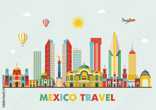 Mexico famous landmarks skyline. Vector illustration