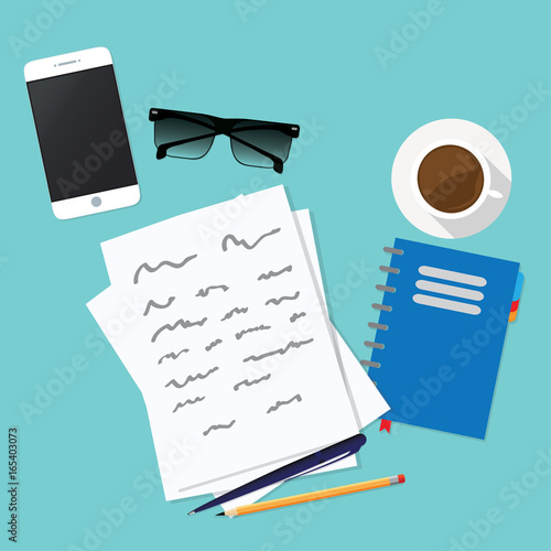 Paper sheet with abstract text under work desk vector illustration, concept of writing letter, writer desk, workspace, paper work, cartoon design background top view.