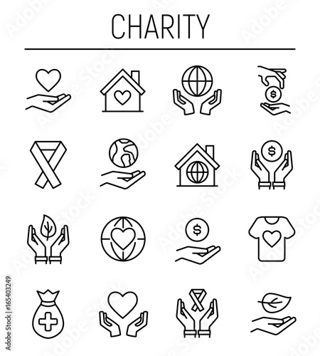 Set of charity icons in modern thin line style. 