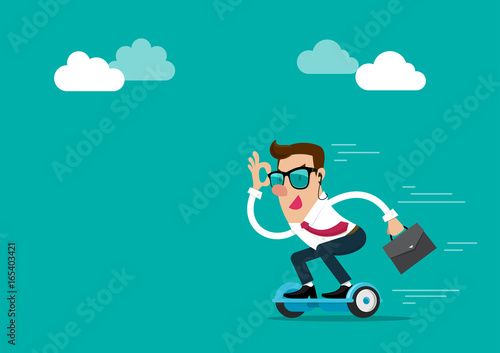 Businessman wears sunglasses holding briefcase going to work by hoverboard. Isolated vector illustration