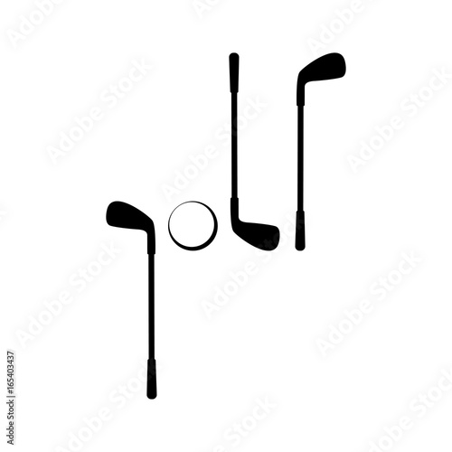 Icono plano golf con palos y pelota negro sobre fondo blanco