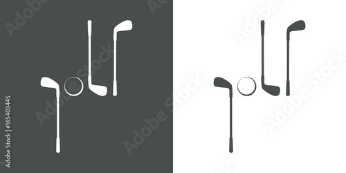 Icono plano golf con palos y pelota gris y blanco