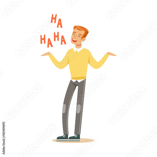 Happy young redhead man in an yellow pullover laughing out loud colorful character vector Illustration