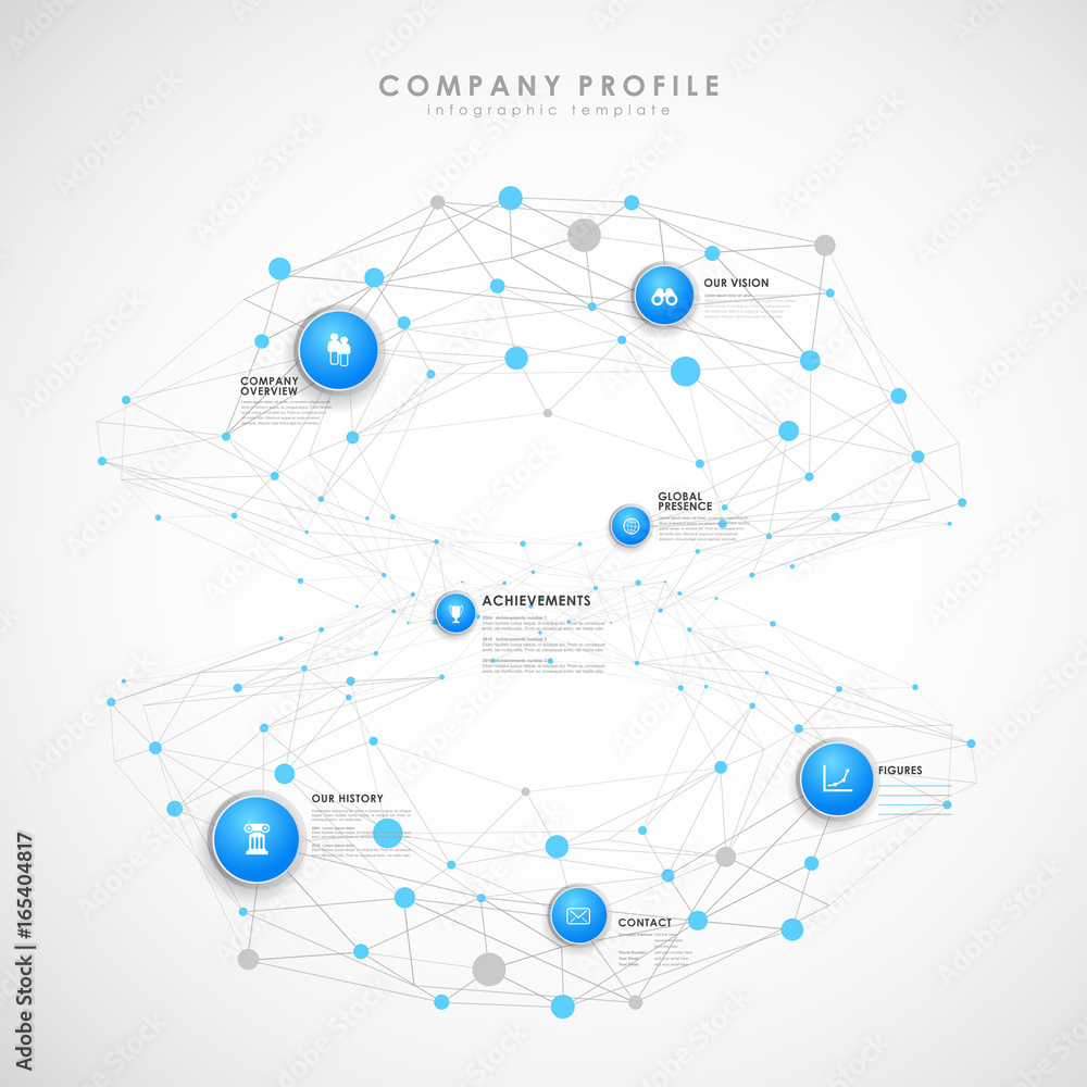 Company profile overview template with blue circles and dots - light version. Company profile overview template with blue circles and dots - light version.