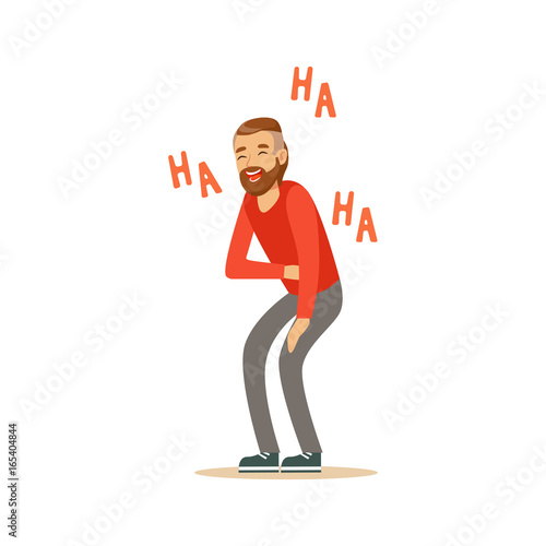 Happy bearded man laughing out loud and holding his stomach colorful character vector Illustration