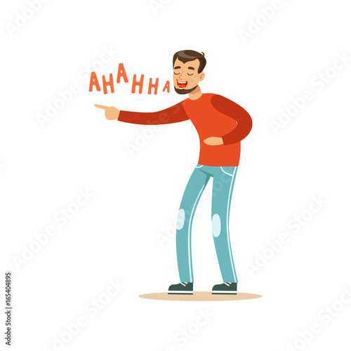 Bearded man laughing while pointing colorful character vector Illustration