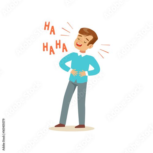 Happy boy with dark brown hair laughing out loud and holding his stomach colorful character vector Illustration