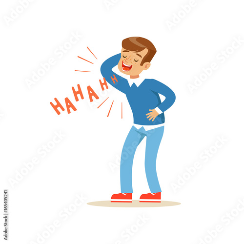 Happy boy in a blue pullover laughing out loud colorful character vector Illustration