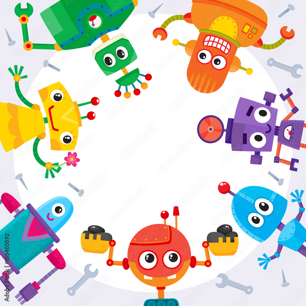 Square banner, poster with funny cartoon robot characters, round place