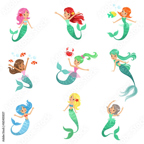 Beautiful fairy tale mermaid princess with colorful hair and taill set of vector Illustrations