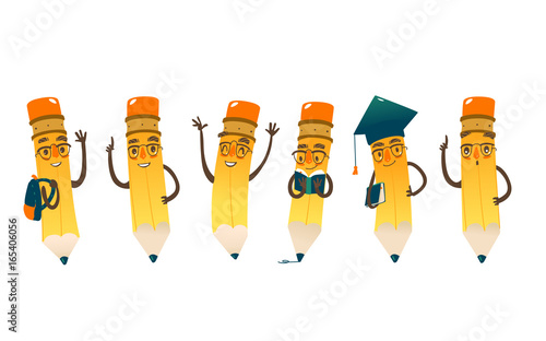 Set of happy cartoon pencils with books, backpack, glasses, graduation cap, vector illustration isolated on white background. Funny clever pencil characters with smiling human faces
