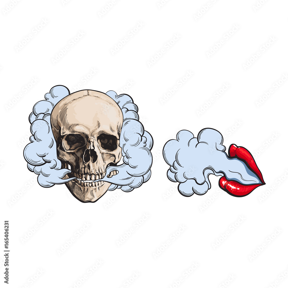 Smoke coming out of skull and beautiful female lips with red lipstick,  sketch vector illustration isolated on white background. Hand drawn smoking  skull and woman lips emitting clouds of smoke Stock Vector