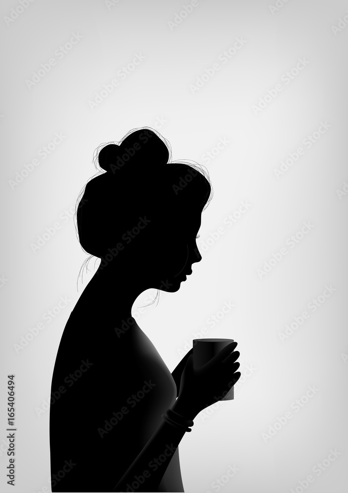 silhouette of a beautiful young woman  holding the cup of coffee, vertical