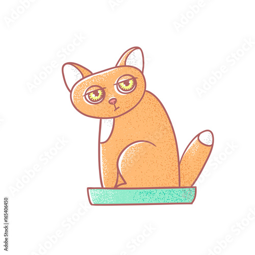 Textured color vector isolated illustration of cute emotional ginger kitten. The face of a cat expresses fatigue. Pussycat is defecate in the litter box. Drawn lines and painted a picture of the pet.