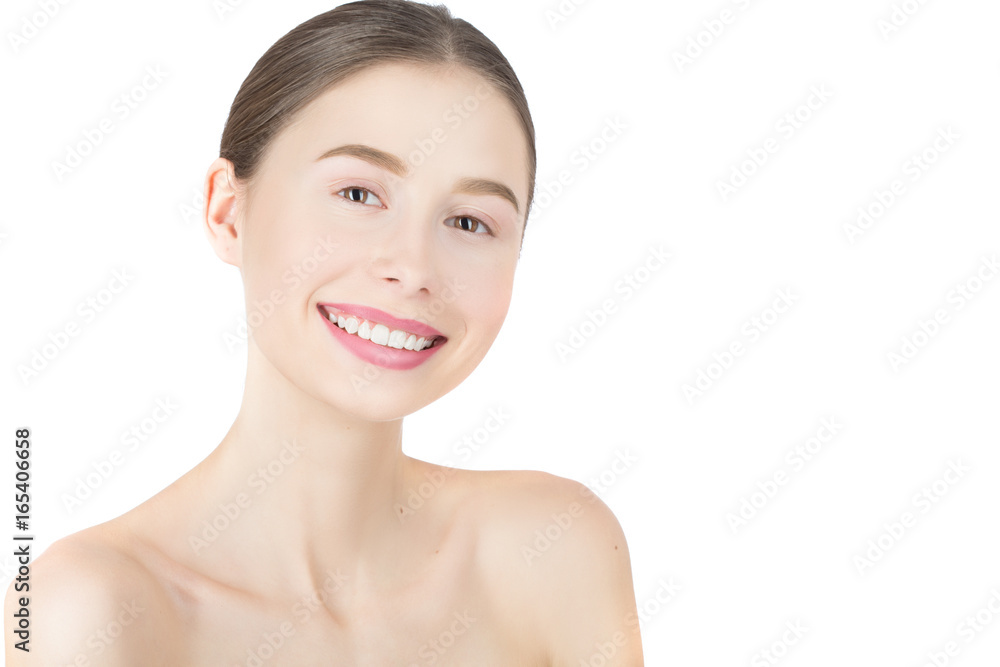 Woman with a natural beauty makeup look - isolated over a white background with copy space Woman with a natural beauty makeup look - isolated over a white background with copy space