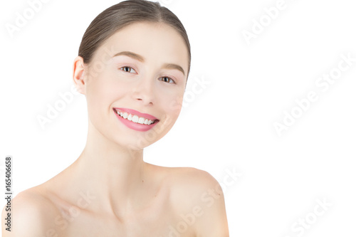 Woman with a natural beauty makeup look - isolated over a white background with copy space