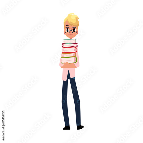 Student, pupil, boy in school uniform and glasses holding pile of books, cartoon vector illustration isolated on white background. School boy, schoolboy, student, pupil in uniform and nerd glasses