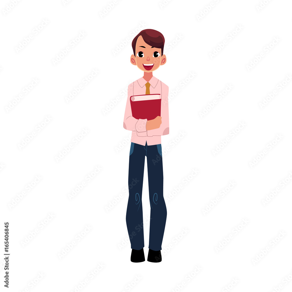 Student, pupil, boy in school uniform holding a book, cartoon vector illustration isolated on white background. School boy, schoolboy, student, pupil in uniform, full length portrait Student, pupil, boy in school uniform holding a book, cartoon vector illustration isolated on white background. School boy, schoolboy, student, pupil in uniform, full length portrait