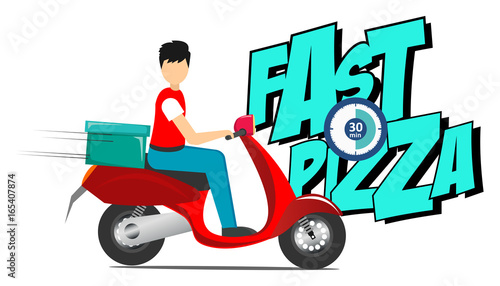 30 minute fast pizza delivery boy on the scooter vector illustration 