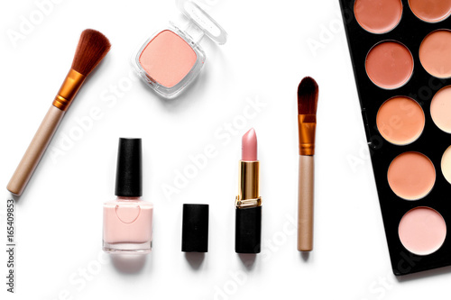 decorative cosmetics nude on white background top view